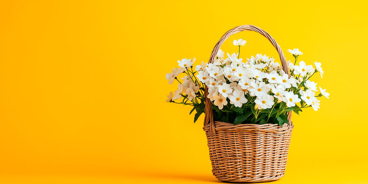 Basket of white daisies on a vibrant yellow background