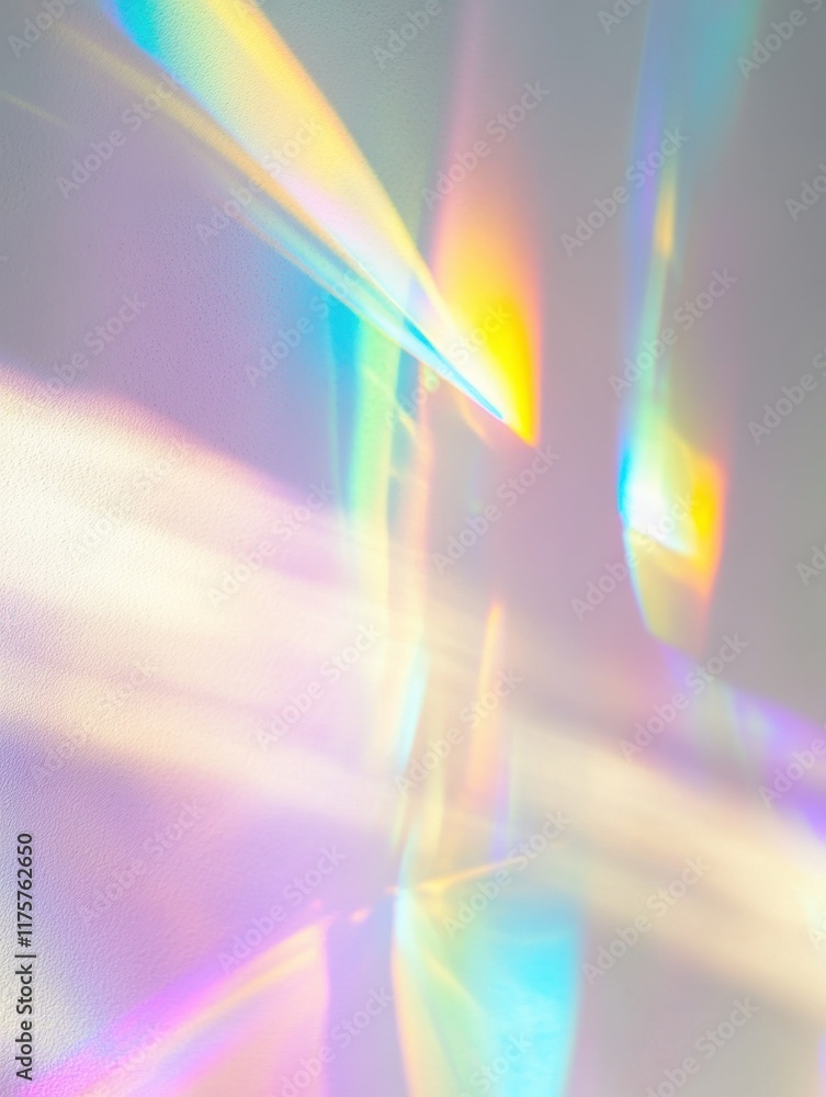 Poster dreamy holographic rainbow light refraction texture overlay with abstract soft bokeh effect on a whi