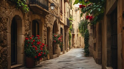 Obraz premium Charming European Alleyway Roses Adorn Stone Buildings