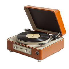 Fototapeta premium Explore the charm of a retro portable turntable with vinyl records in a modern setting, Retro portable turntable.