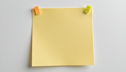 Blank yellow square sticky note attached to white surface with orange and green clips