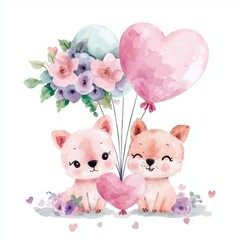 Two cute puppies surrounded by flowers and balloons, conveying a playful and loving atmosphere.