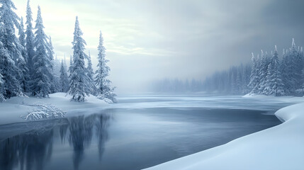 Serene Winter: A Frozen Lake Embraced by Snowy Trees, Nature's Silent Harmony