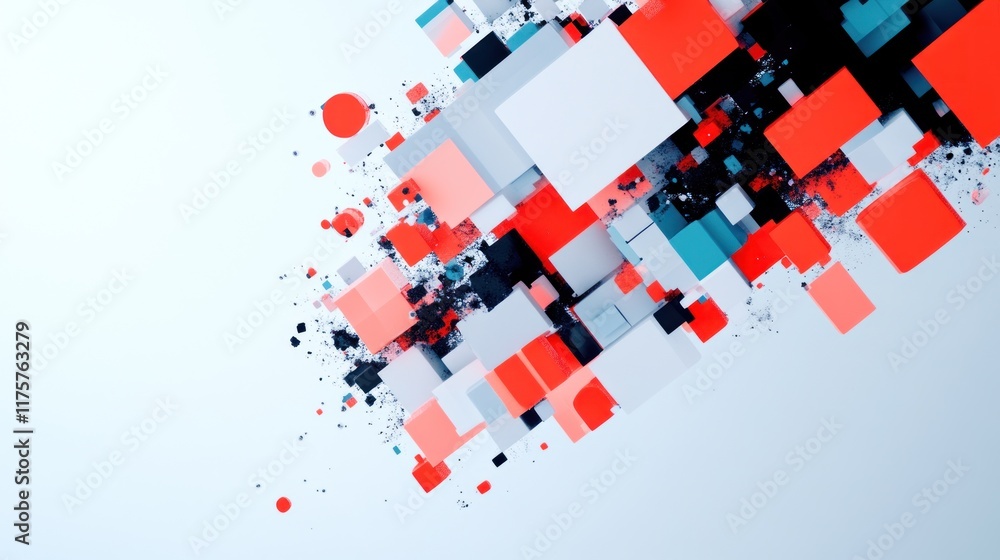 Poster abstract composition of colorful cubes and shapes on a light background.