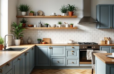 Stylish bright Scandinavian kitchen with open shelves. Trendy loft interior design. Modern wooden cabinets, countertops. Light gray-blue kitchen cabinets matched with light wood countertop. White