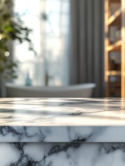 Empty marble table top. Blurred bathroom interior background