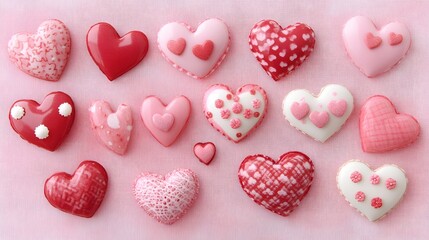 Obraz premium Assorted Pink and Red Heart Shaped Sweets Arranged on Pink Fabric