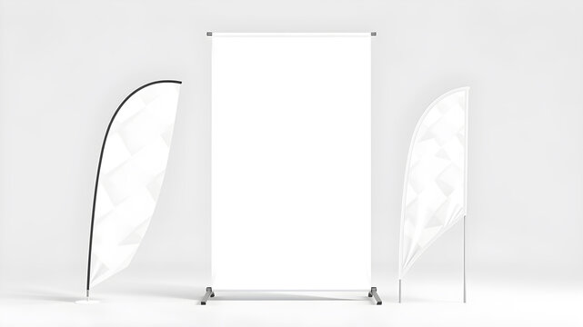 Realistic banner stand, beach flags isolated 3d vector mockups. White rectangular, feather and tear-drop shaped blank canvas for showcasing branding identity and messages. Generative AIc