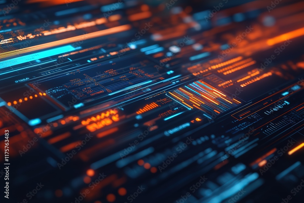Aufkleber abstract digital interface with glowing data streams and charts.