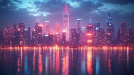 Obraz premium Vibrant night cityscape with illuminated skyscrapers reflected on water