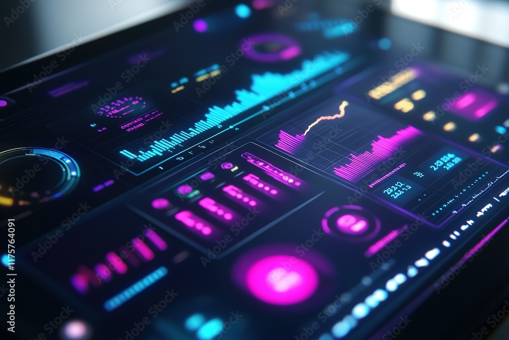 Poster digital dashboard displaying data visualizations and graphs.