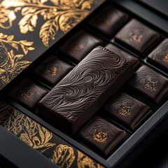 Elegant packaging of luxury chocolate, dark shades and golden details
