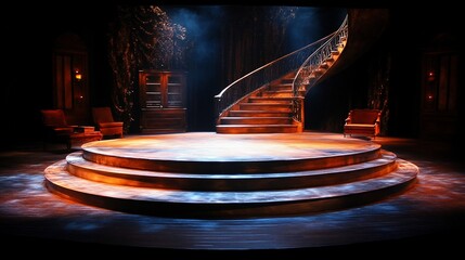 Stage set circular platform, spiral staircase, mysterious background, theatrical production
