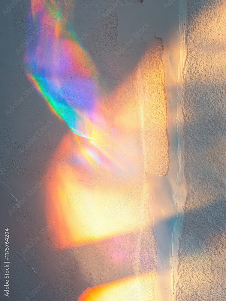 Poster dreamy holographic rainbow light refraction texture overlay with abstract soft bokeh effect on a whi