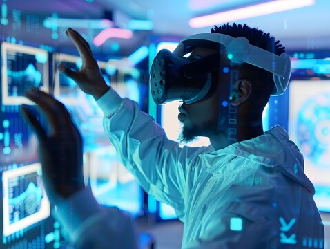 Person in Virtual Reality Headset Interacting with High-Tech Interface and Digital Data in Modern Futuristic Environment, Showcasing Advanced Technology and Immersive Experience