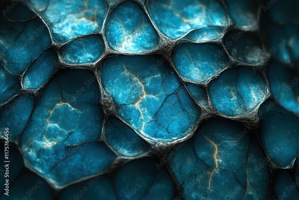 Poster intricate blue and black patterns resembling cellular structures in a vibrant abstract design