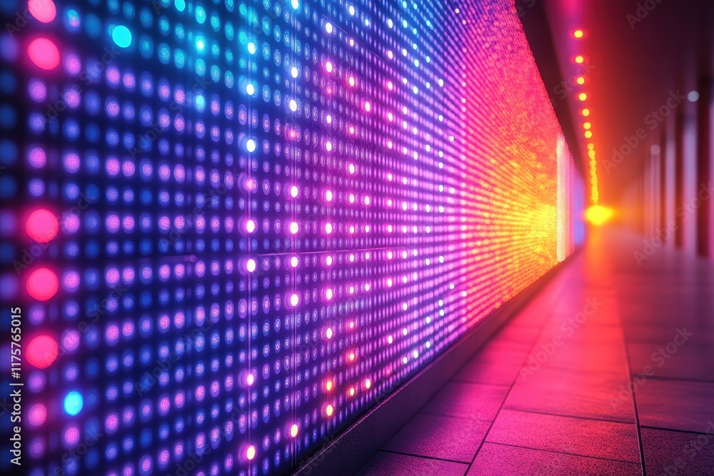 Poster vibrant led light display illuminating a modern corridor at nighttime showcasing colorful patterns a