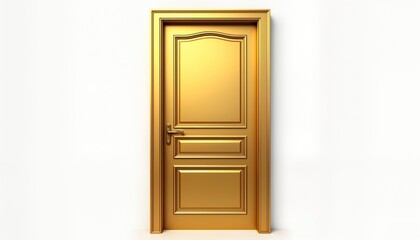 Golden wooden door stands on white background. Luxurious entranceway. Classic design. Secure entryway. High-end home. Elegant entrance. Potential for luxury home, commercial space, investment