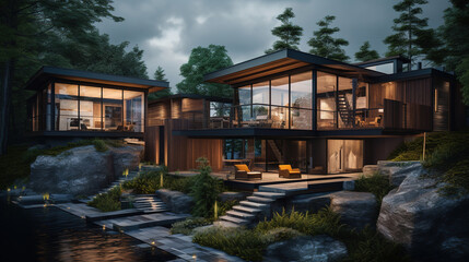 Obraz premium Modern Luxury Home in the Woods at Night
