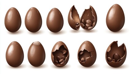 Chocolate eggs set. Isolated whole, broken, exploded, cracked and open brown eggs collection. Realistic sweet chocolate candy dessert icons. Vector Easter holiday celebration concept