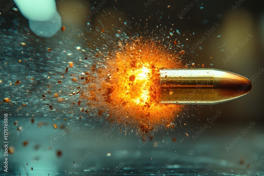 Poster bullet impacts surface creating explosion with debris and sparks in a high-speed capture during dayt