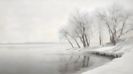 Serene Winter: A Frozen Lake Embraced by Snowy Trees, Nature's Silent Harmony