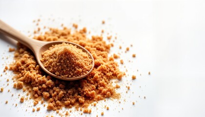 Brown sugar crystals are in a wooden spoon and on a white background. Granulated cane sugar is shown in a pile with a spoon. Natural sweetener is a food ingredient.