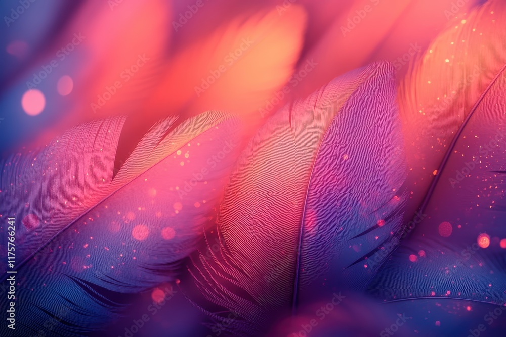 Poster colorful feathers creating a vibrant abstract background with hints of light and texture