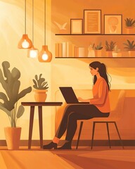 Cozy Home Office with Warm Lighting – Modern Workspace Design Illustration