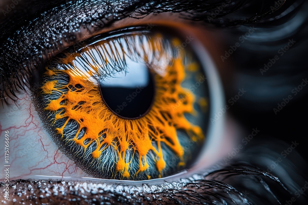 Poster close-up of a vibrant orange and gray eye showcasing intricate patterns and details captured in a st
