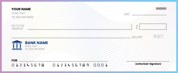 Blank bank check. Generic American cheque template vector design