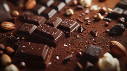 sweets, confectionery and food concept - close up of different chocolate bars, candies and nuts on...