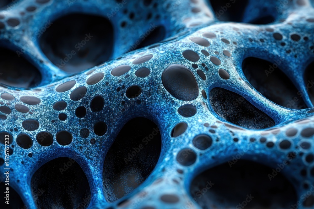 Poster intricate texture of blue porous material showcasing unique patterns and voids under close observati