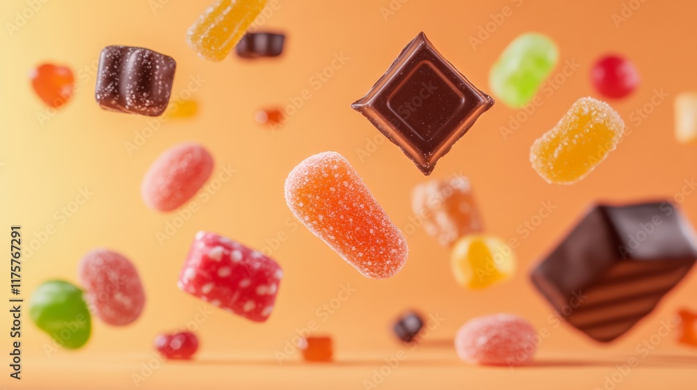 Aufkleber assorted colorful candies and rich chocolate chunks levitating against a vibrant orange backdrop, cr