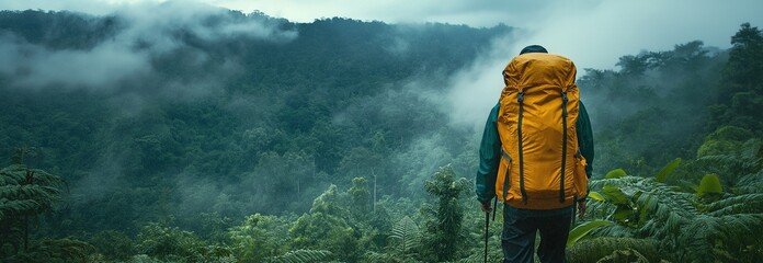 Across a misty jungle mountain, a lone hiker with a professional rucksack covered by rain protection