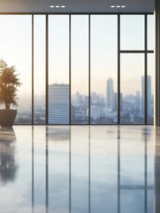 Fototapeta premium Modern office interior with panoramic windows and blurred background for professional use