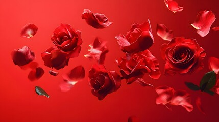 Red Roses and Petals Falling on Red Background
