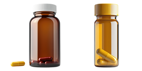 Pill and bottle isolated on transparent background, Set of