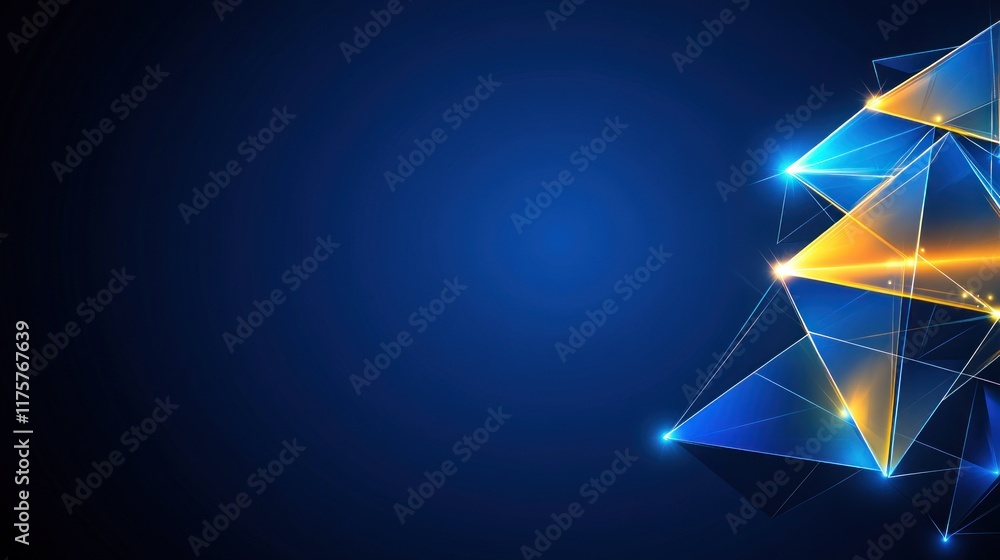 Poster abstract geometric design with blue and orange triangular shapes.