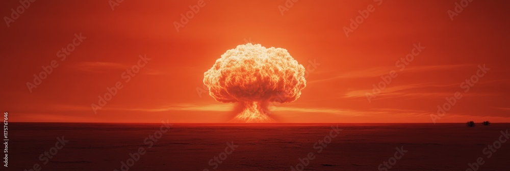 Poster Powerful atomic bomb detonating over a desolate area, creating a massive mushroom cloud rising towards the intensely red sky, symbolizing destruction and the devastating impact of nuclear warfare