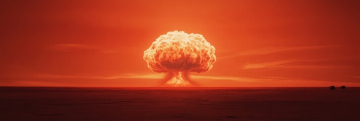 Powerful atomic bomb detonating over a desolate area, creating a massive mushroom cloud rising towards the intensely red sky, symbolizing destruction and the devastating impact of nuclear warfare