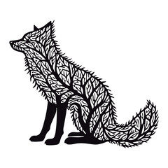 Cute silhouette fox branches black vector illustration

