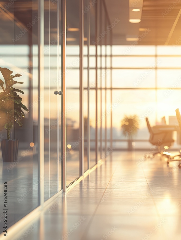 Poster modern business office setting environment blurred background with sunlight reflection on window gla