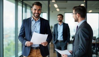 Happy Latin American businessman reviews financial documents in office. Pro account manager examines corporate tax bills. Stands confidently in modern office space. Team members present. Scene