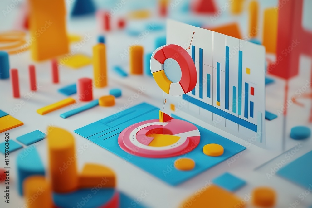 Poster colorful 3d charts and graphs; data visualization.