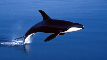 Fototapeta premium A dolphin leaping above the ocean surface in clear blue waters.