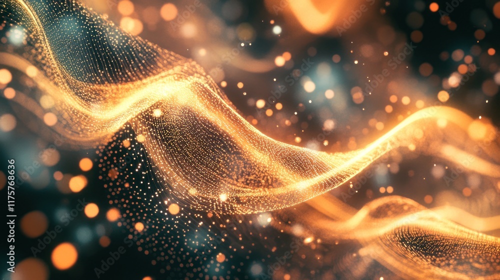 Poster abstract orange and gold wave patterns on a dark background creating a sense of movement, light, and