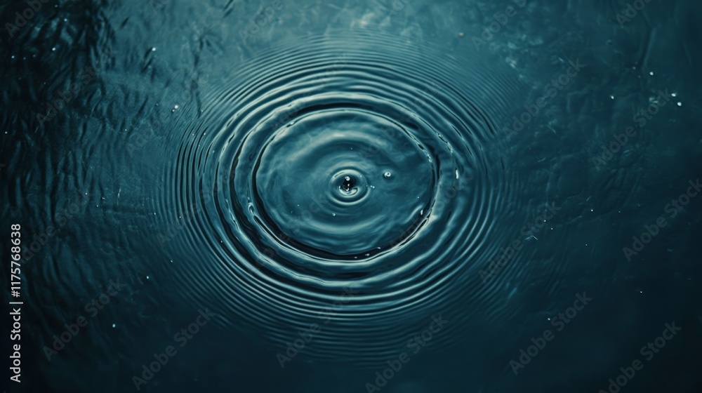 Poster Single drop of water creating perfectly concentric ripples expanding on a dark blue water surface with small bubbles, ideal for backgrounds and textures related to liquids, rain, and fluidity