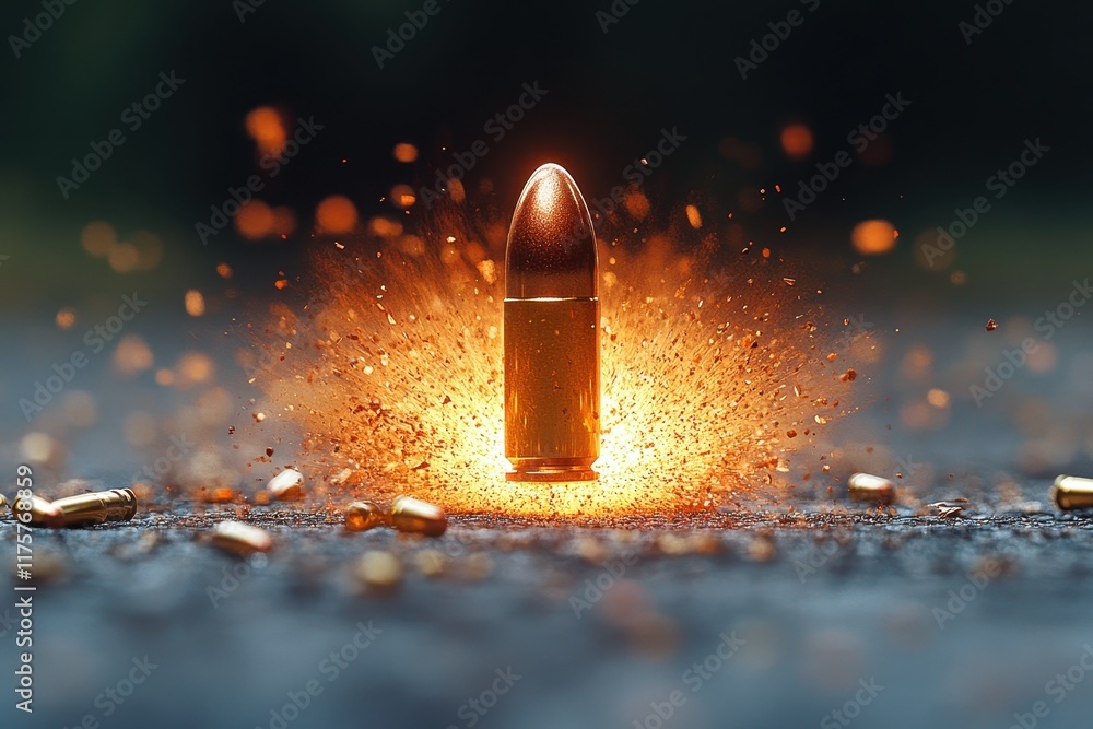 Poster explosive moment with a bullet emerging from fiery sparks on a dark background during a dramatic dis