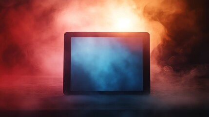 Tablet computer on dark background with colorful smoke.